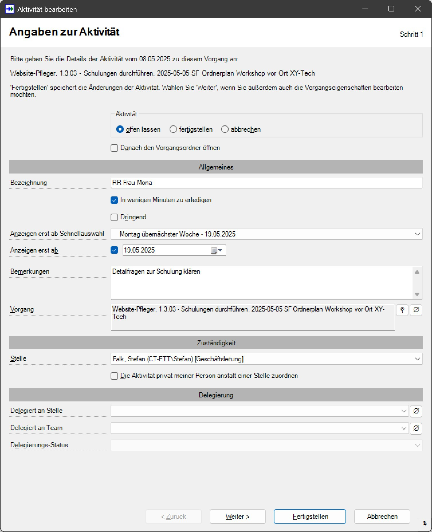 SF Ordnerplan Aktivität bearbeiten