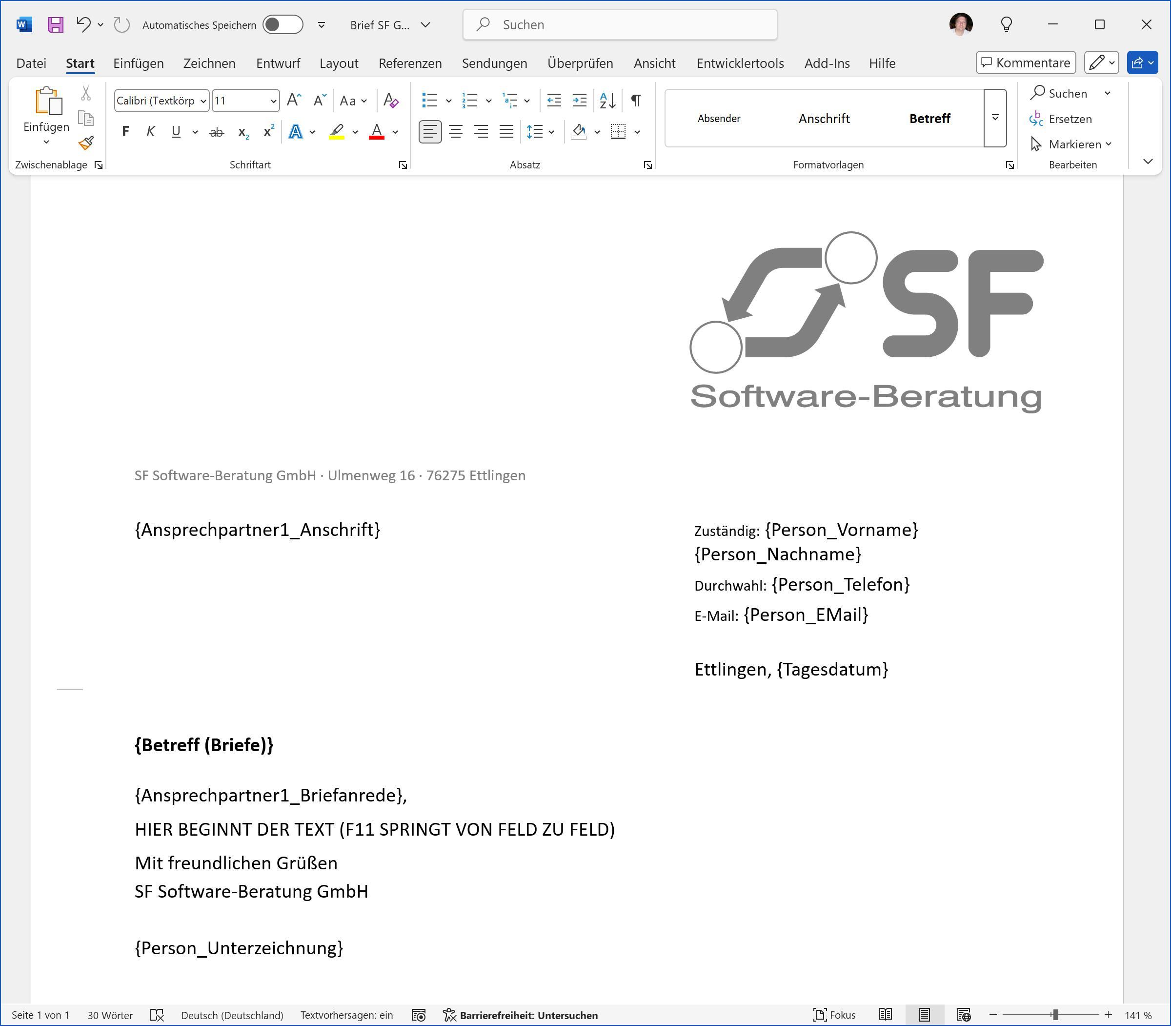 SF Ordnerplan Platzhalter in Brief-Vorlage
