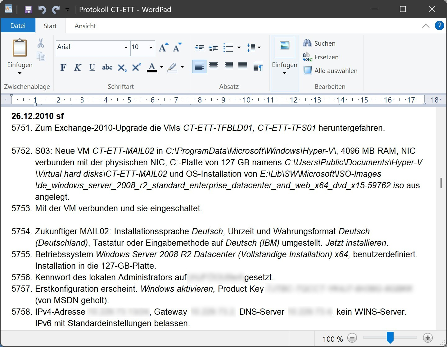 SF Serververwaltung WordPad-Protokollauszug